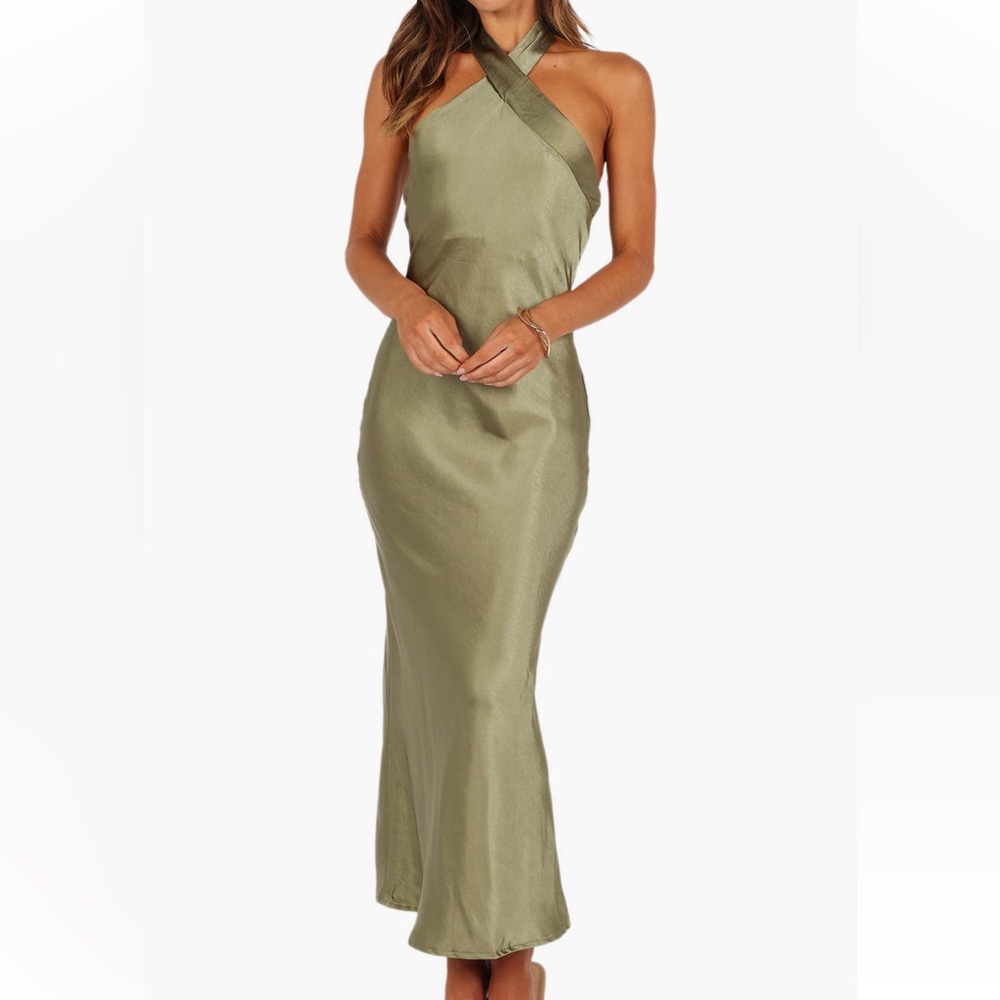 Petal & Pup Olive Green Halter Satin Midi Dress US 6